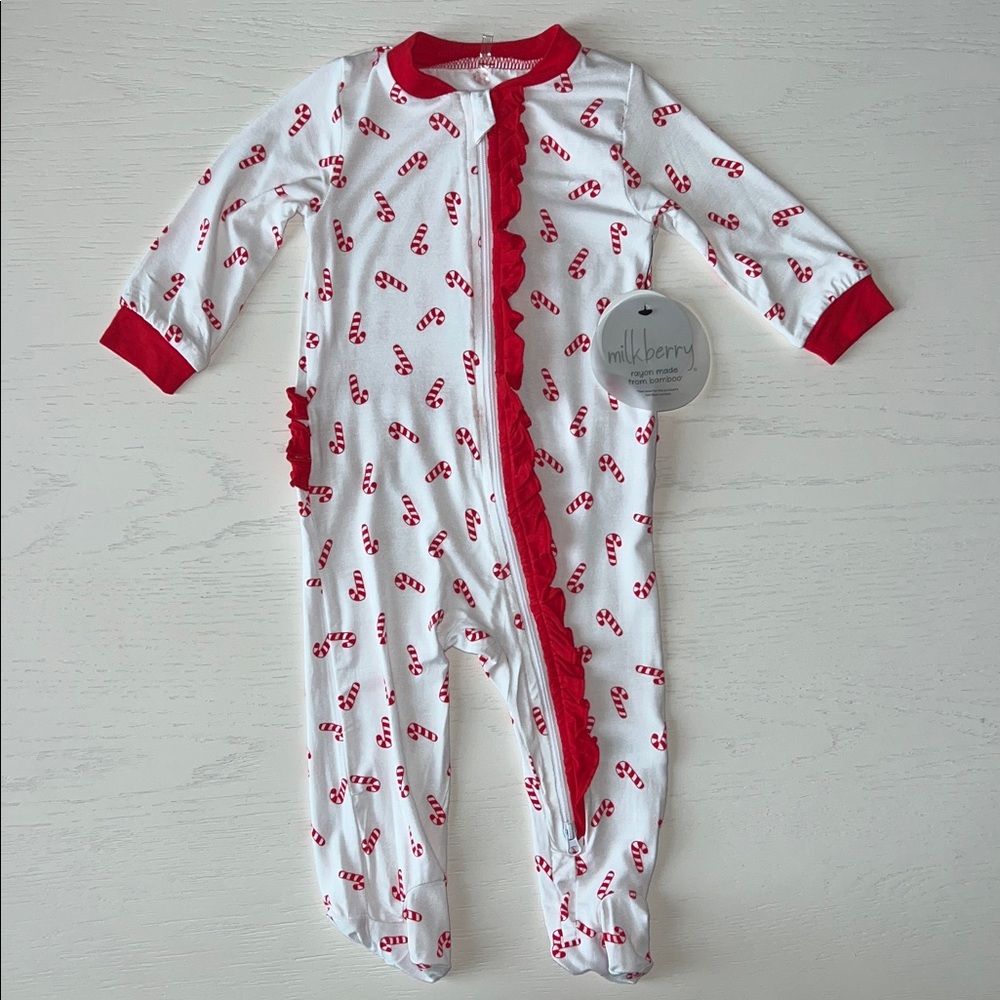 🎄Milkberry Ruffle Holiday Candy Canes Footie 3-6 6-9 months